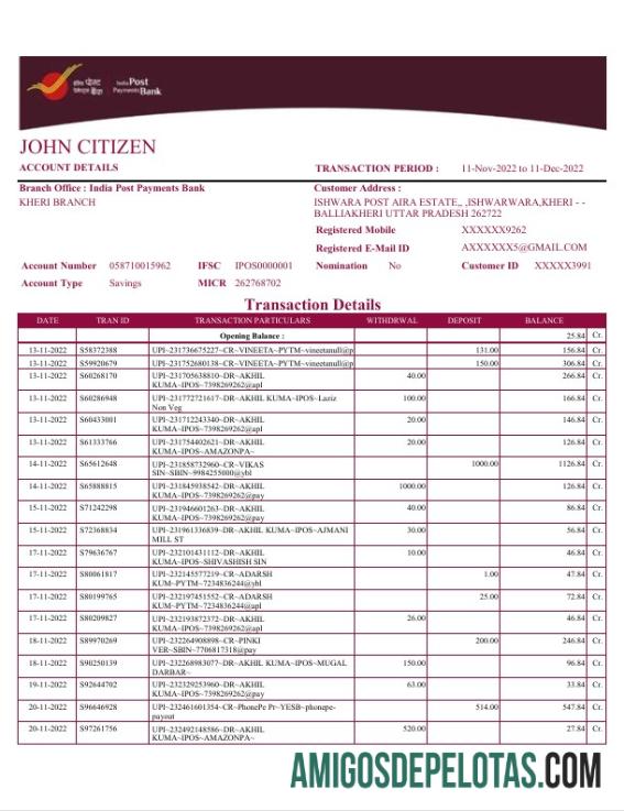 Extrato bancário de pós-pagamentos da Índia para download, modelo Word e PDF, 4 páginas